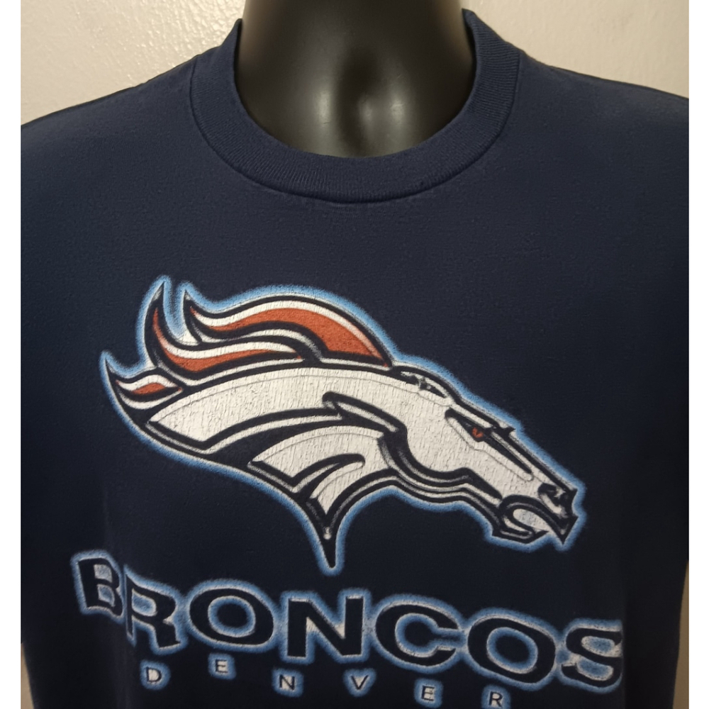 Vintage 90s Denver Broncos Men's Large NFL T-shirt Navy Blue Cotton Tee Dynasty - Picture 2 of 8